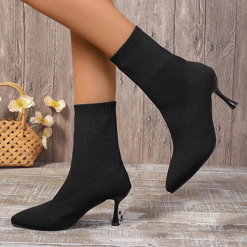 Sexy Thin Heel Ankle Boots for Women | Comfort Knitting Pointed Toe - Dhavinci