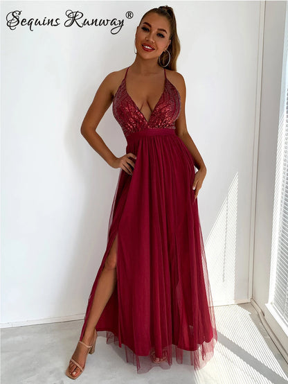 Sexy Backless Sequin Corset Maxi Dress | Red Bodycon Party Dress - Dhavinci