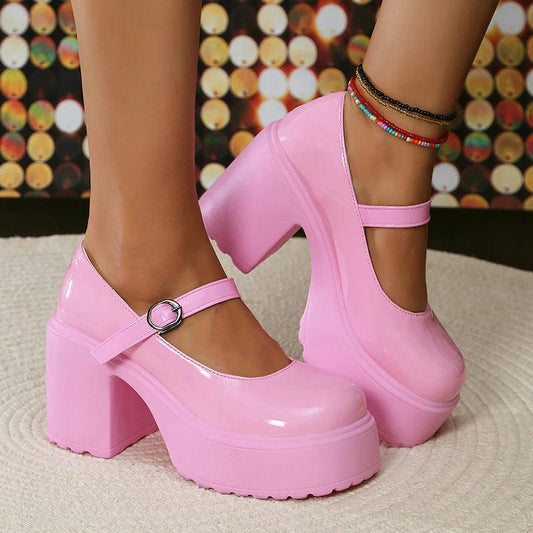 Pink Platform Mary Janes | Patent Leather Chunky Heels for Women - Dhavinci