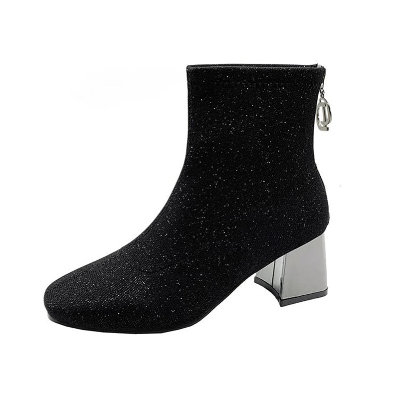 Elastic Sequined Sock Boots for Women - Metal Square Heel - Dhavinci