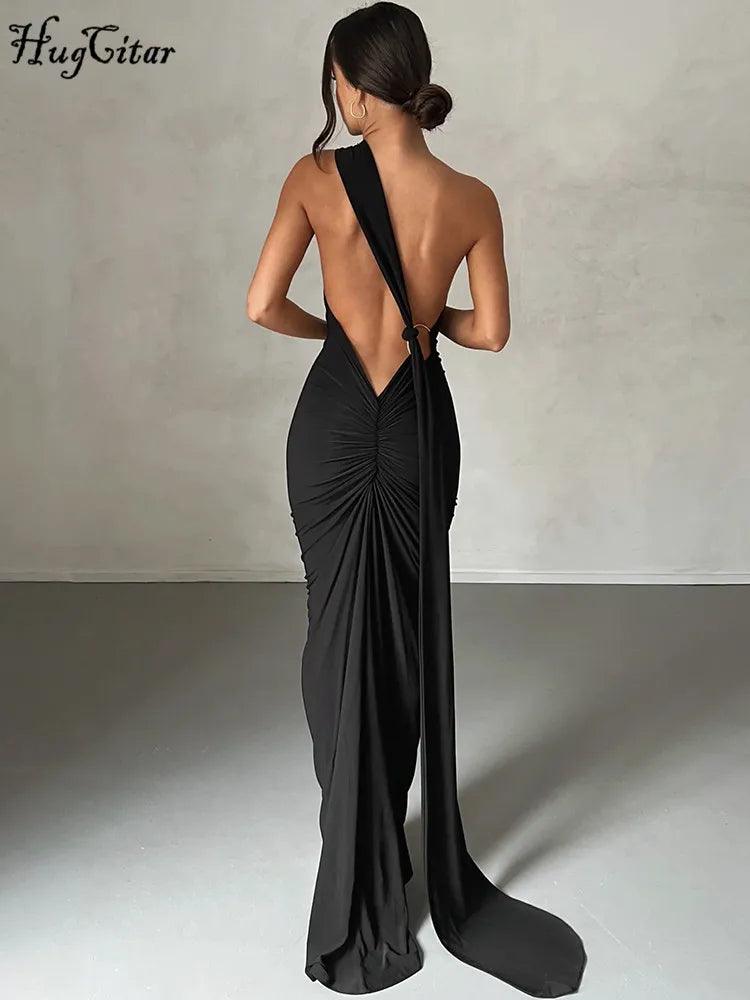 One-Shoulder Backless Maxi Dress for Women | Ruched Y2K Festival Outfit - Dhavinci