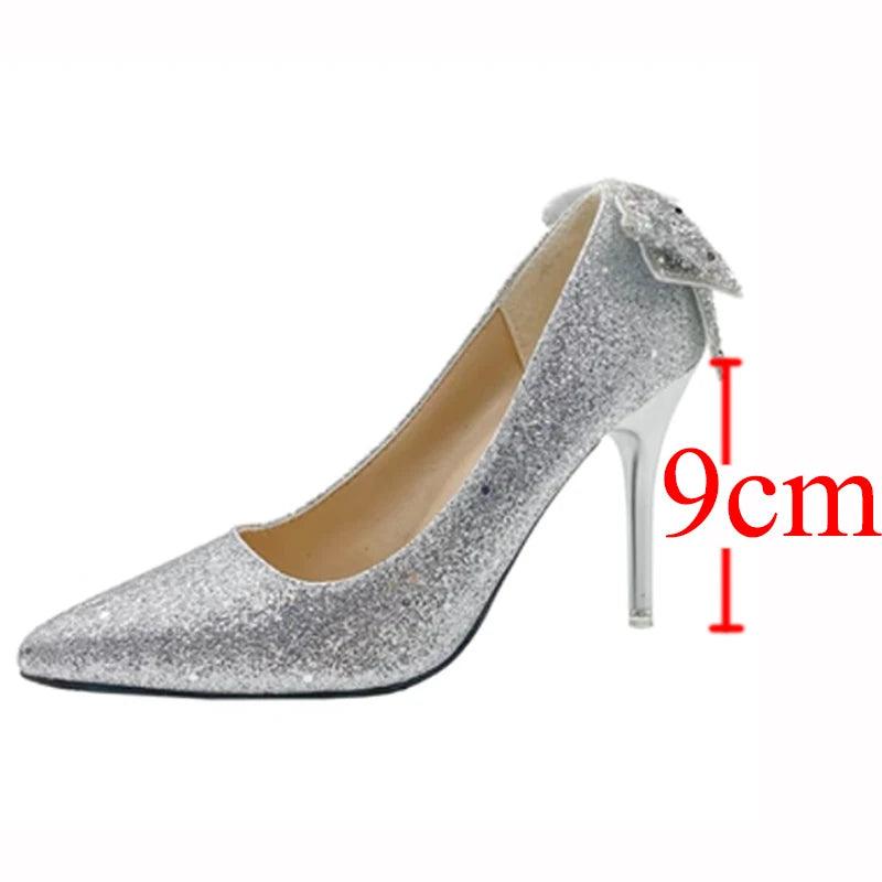 Shiny Bowknot Thin Heels Pumps for Women | Glitter Crystal Party Shoes - Dhavinci