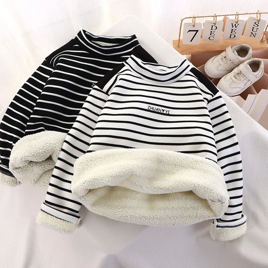 Kids' Thick Striped Sweatshirt | Warm Plus Velvet Pullover Coat - Dhavinci