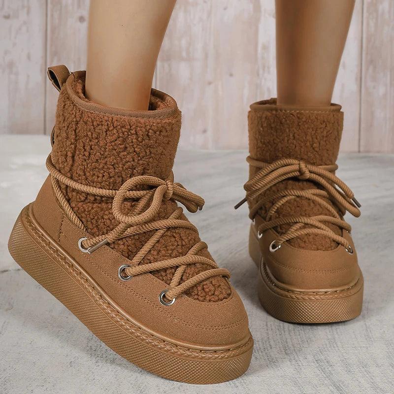 Faux Fur Lace-Up Winter Boots for Women | Non-Slip Plush Snow Boots - Dhavinci