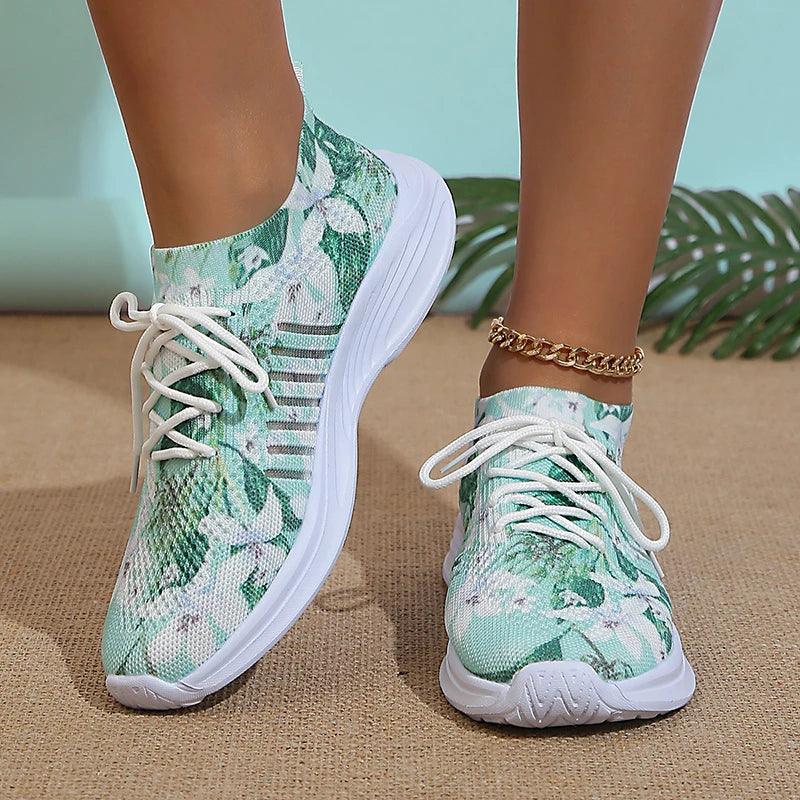 Printed Knitted Sneakers for Women | Lightweight Breathable Sports Shoes - Dhavinci