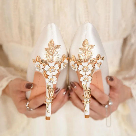 Luxury Flower Heels Wedding Shoes - Elegant Silk Stiletto Pumps - Dhavinci