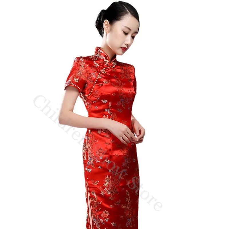 Chinese Style Dress Red Dragon Phoenix Qipao Women Elegant Cheongsams Short Sleeve Satin Vestidos Lady Summer Dresses Oversize - Dhavinci