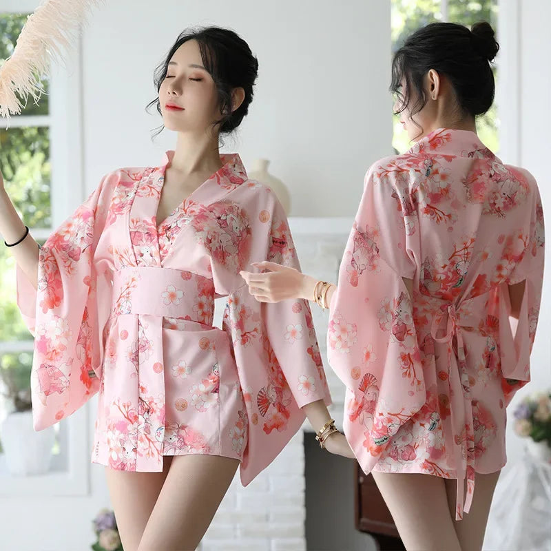 Sakura girl kimono dress Japanese style yukata bathrobe women floral print haori Japan uniform cosplay costume party short gown - Dhavinci