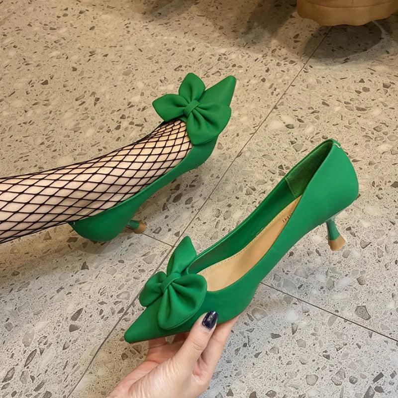 Green Bowknot Pumps for Women - Sexy Pointed Toe High Heels - Dhavinci