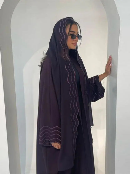 Ramadan Eid Women Gray Black Dubai Khimar Abaya Islam Muslim Kimono Hijab Dress Set Kebaya Kaftan Djellaba Robe Femme Musulmane - Dhavinci