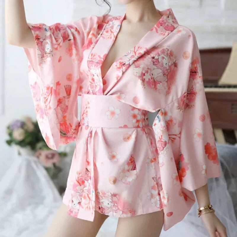 Sakura girl kimono dress Japanese style yukata bathrobe women floral print haori Japan uniform cosplay costume party short gown - Dhavinci