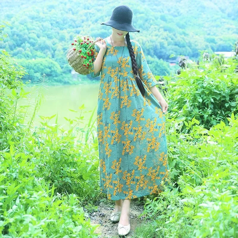 Elegant Comfortable Loose Streetwear Women Clothing Summer Dress for Women Fashion Casual Vintage Ethnic Style Clothes Print - Dhavinci