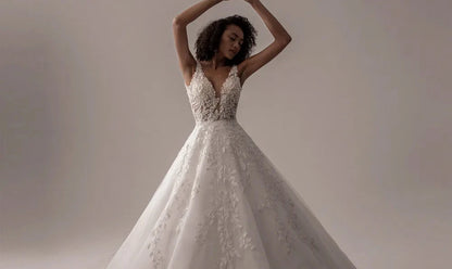 V-Neck Sleeveless Wedding Dress for Women | A-Line Lace Bridal Gown - Dhavinci