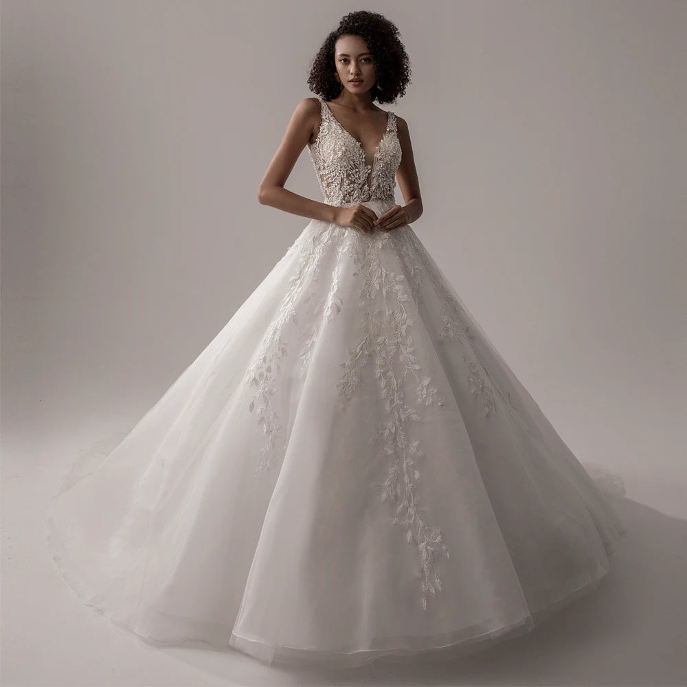 V-Neck Sleeveless Wedding Dress for Women | A-Line Lace Bridal Gown - Dhavinci