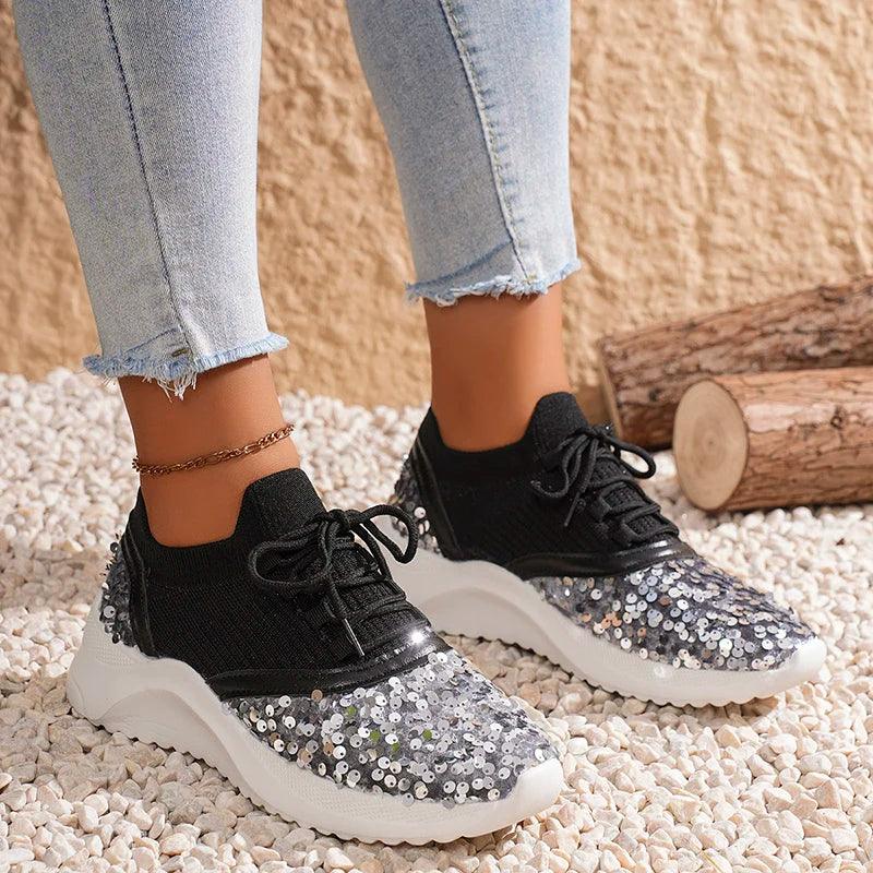 Bling Sequin Women's Sneakers | Breathable Knitted Platform Sports Shoes - Dhavinci