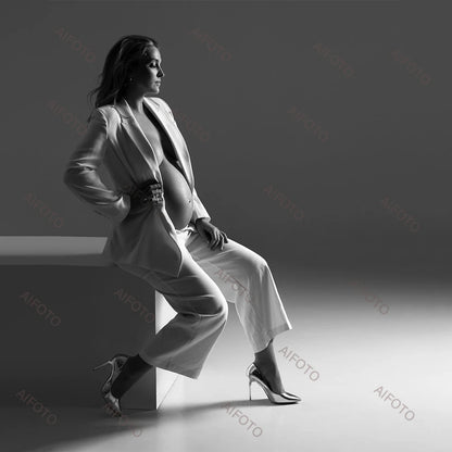 White OL Suit Maternity Photoshoot Outfit Suit Lace Up Long Sleeve Blazer Clothes Chic Chest Chain For Pregnant Women Photograph - Dhavinci