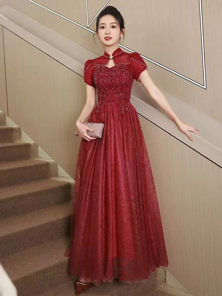 Mandarin Collar Pearls Bachelorette Party Dress Women Elegant Luxury Vintage Red Prom Dress Long - Dhavinci