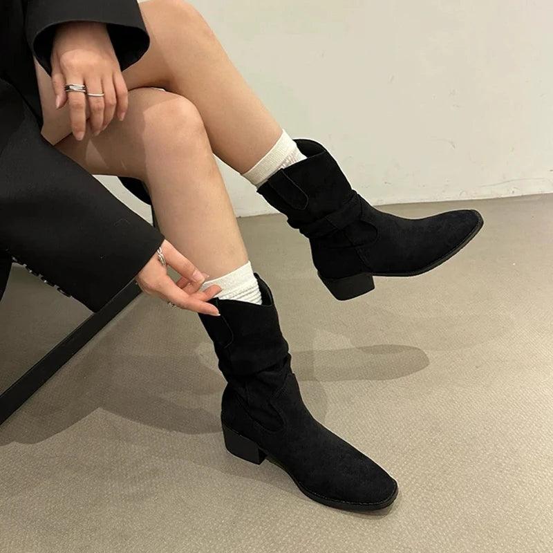 Vintage Pleated Cowboy Boots for Women | Pointed Toe Ankle Boots - Dhavinci