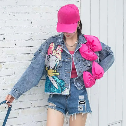 Cartoon Sticker Denim Jacket | Women’s Embroidered Sequin Coat - Dhavinci