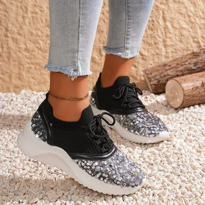 Bling Sequin Women's Sneakers | Breathable Knitted Platform Sports Shoes - Dhavinci