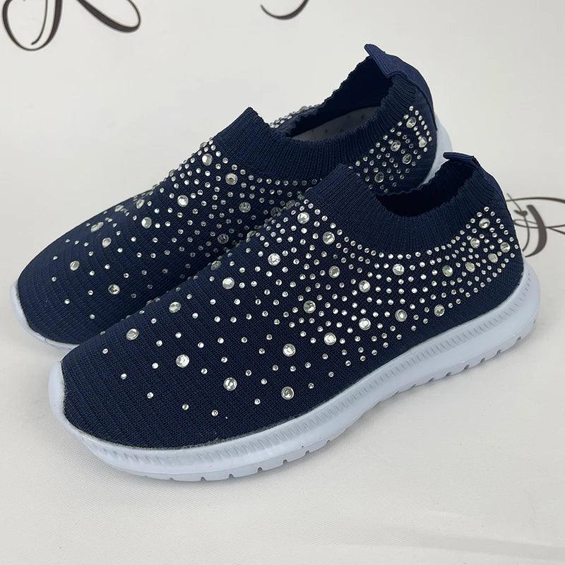 Shining Crystal Flats for Women | Breathable Knit Platform Sneakers - Dhavinci