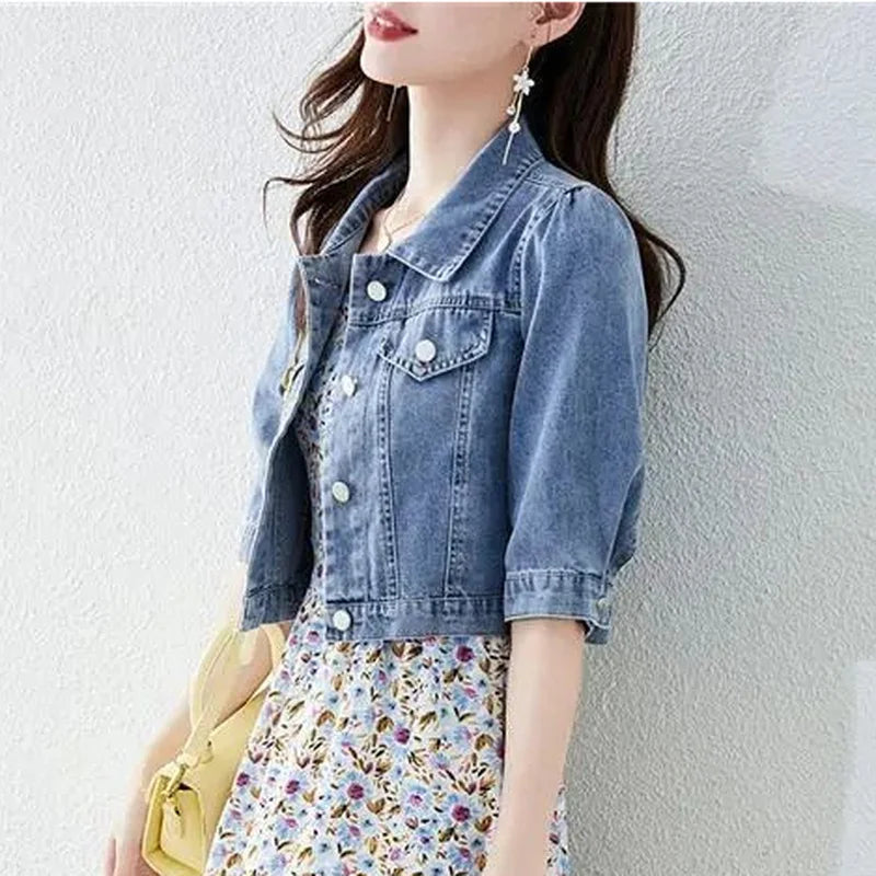 Vintage Crops Trendy Turn Down Collar Jackets Women Basic Solid Outwear Half Sleeve Denim Fit Harajuku Street Denim Jacket Women - Dhavinci