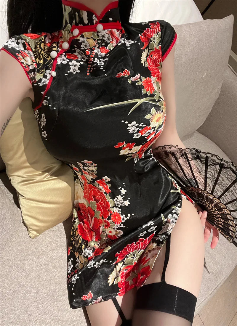 Chinese Style Short Sleeve Retro Standing Neck Short Tight Qipao Set Women's New Silk Imitation Dress - Dhavinci