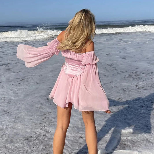 Women Fairy Pink Chiffon Mini Dress Chic Bandage Corset Vintage Long Puff Sleeve Sundress Slash Neck Bridesmaid Bodycon Beach - Dhavinci