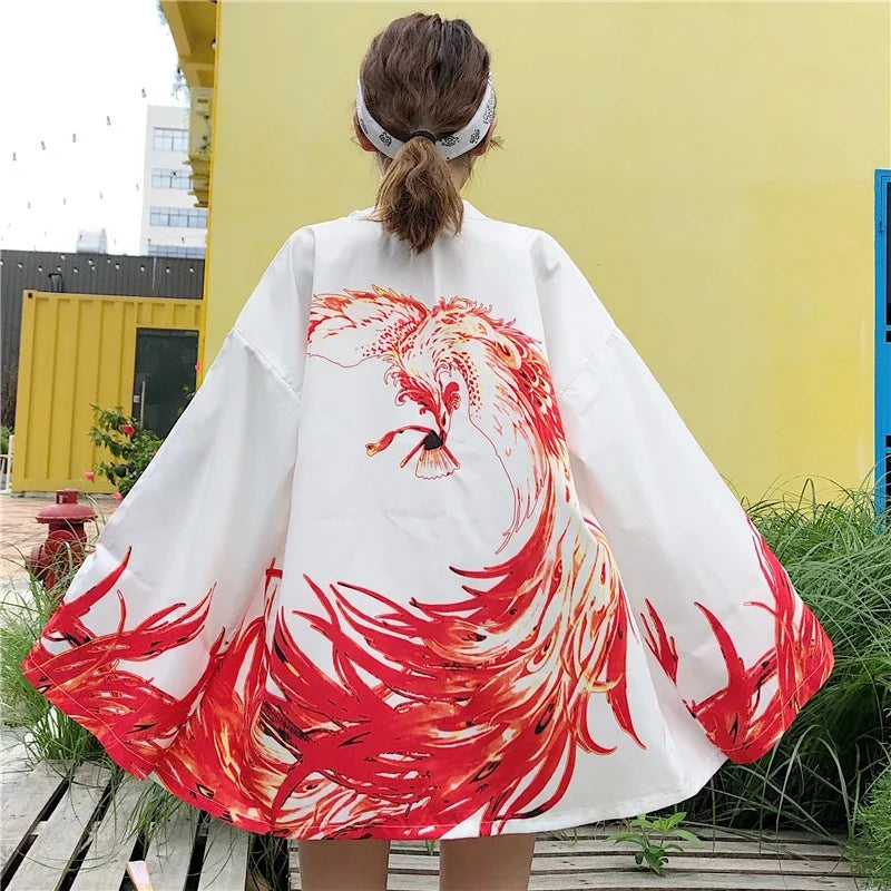 Bebovizi Japanese Style Flaming Phenix Print Cardigan Kimono Harajuku Women Men Sexy Yukata Female Streetwear Traditional Haori - Dhavinci