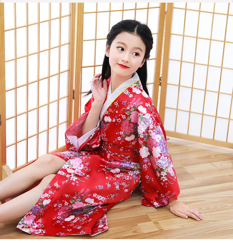 Classic Traditional Girls Kimono Gown Yukata with Obitage Japanese Bathrobe Print Flower Satin Cosplay Performance Clothing - Dhavinci