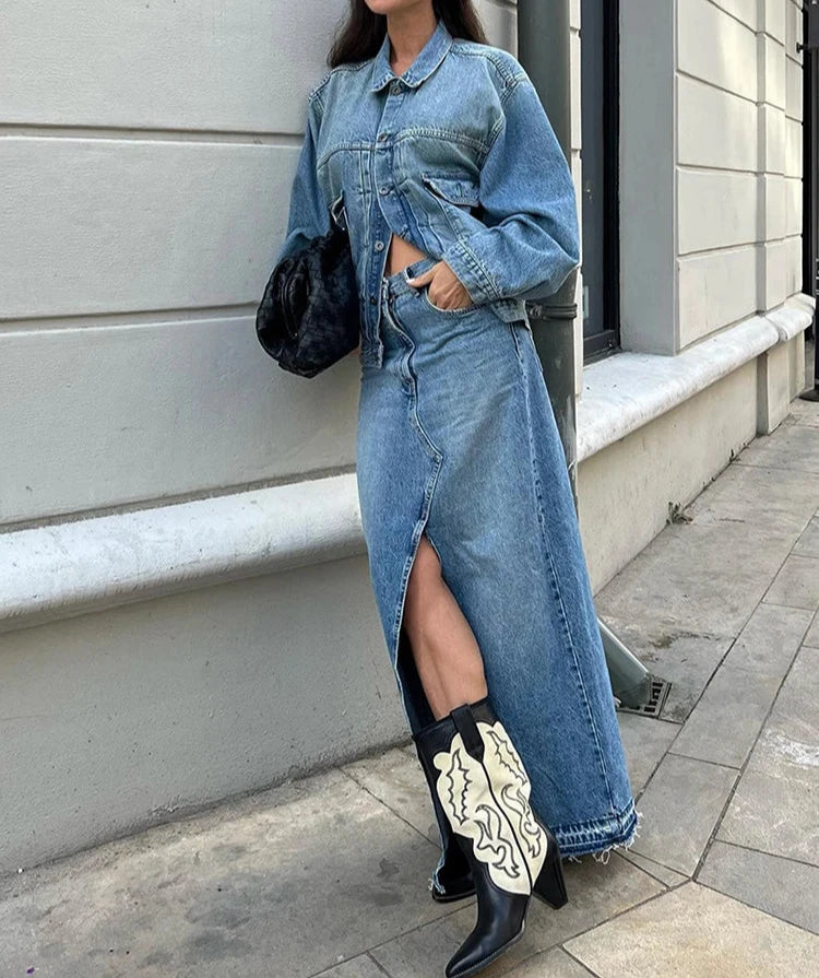 BKQU Autumn Blue Denim Skirts Women 2023 Elegant High Waist Slit Office Lady Long Skirt Fashion Street Y2k A-line Pencil Skirts - Dhavinci