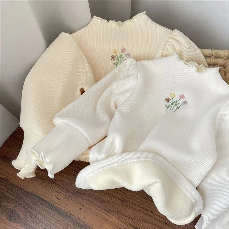 Cute Baby Girls Winter Top | Puff Sleeve Embroidery Sweater - Dhavinci