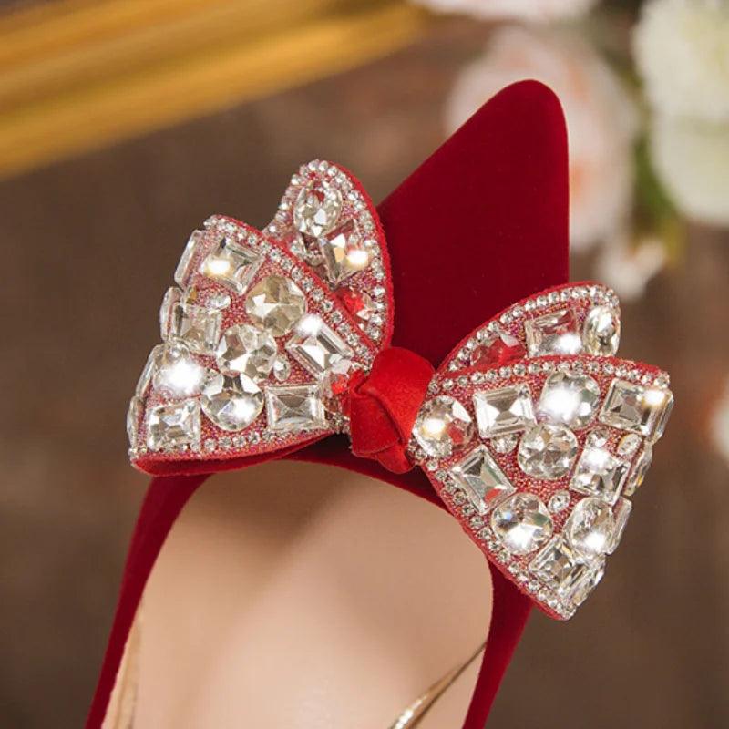 Red Bling Big Crystal Pumps - Bowtie Flock Wedding Party Shoes - Dhavinci