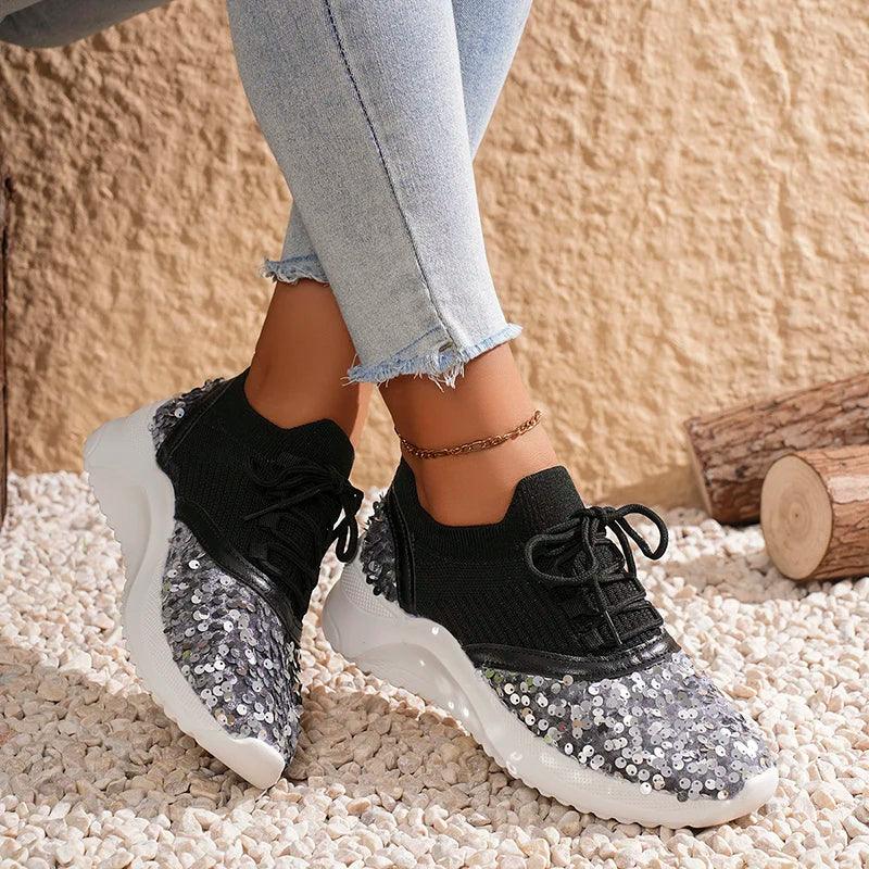 Bling Sequin Women's Sneakers | Breathable Knitted Platform Sports Shoes - Dhavinci