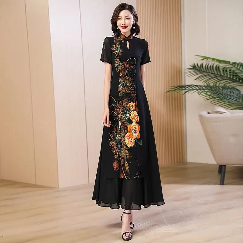 Chinese Qipao Dress | Modern Embroidered A-Line Cheongsam - Dhavinci