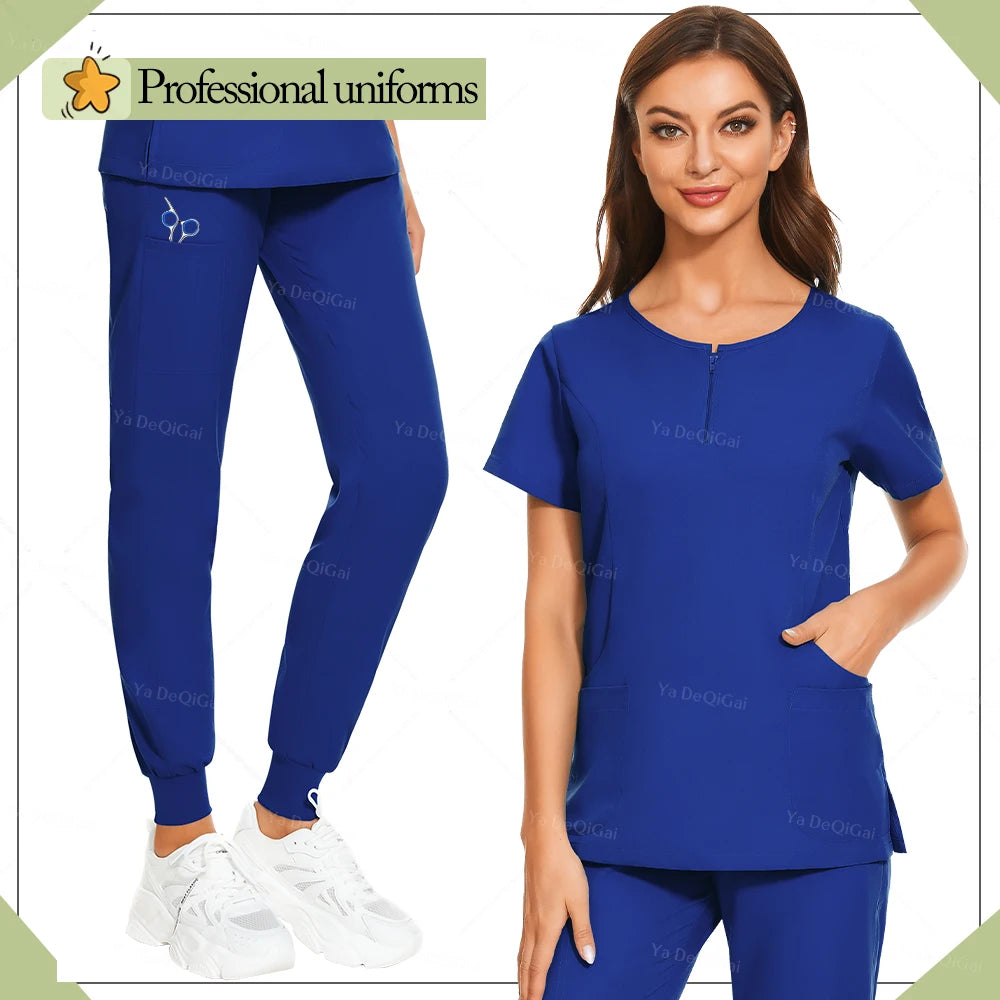 New Medical Surgical Uniforms Woman Scrub Set Beauty Salon Workwear Clinical Scrubs Top Pocket Pants Vet Doctor Zip Nursing Suit - Dhavinci