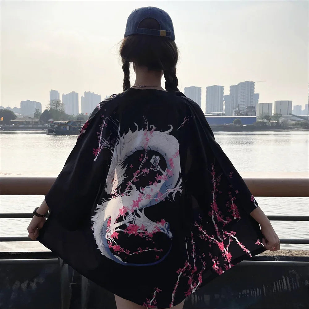 Bebovizi Japanese Style Flaming Phenix Print Cardigan Kimono Harajuku Women Men Sexy Yukata Female Streetwear Traditional Haori - Dhavinci