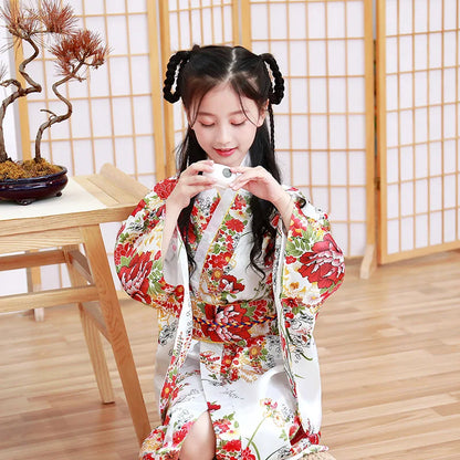 Classic Traditional Girls Kimono Gown Yukata with Obitage Japanese Bathrobe Print Flower Satin Cosplay Performance Clothing - Dhavinci