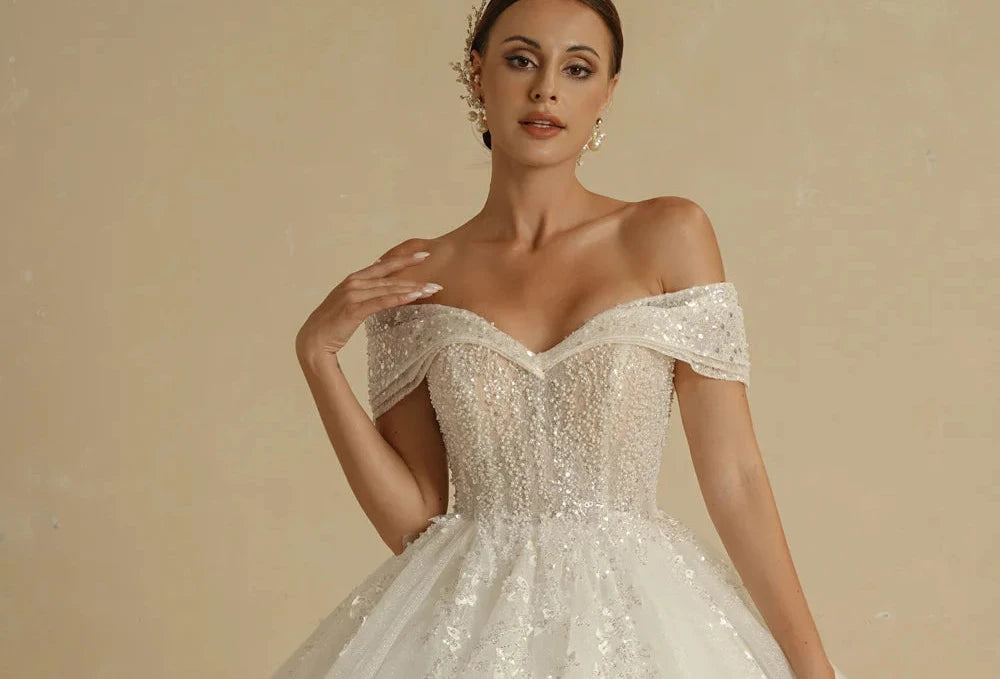 Ivory Beading Princess Wedding Dress | Off-Shoulder Glitter Bridal Gown - Dhavinci