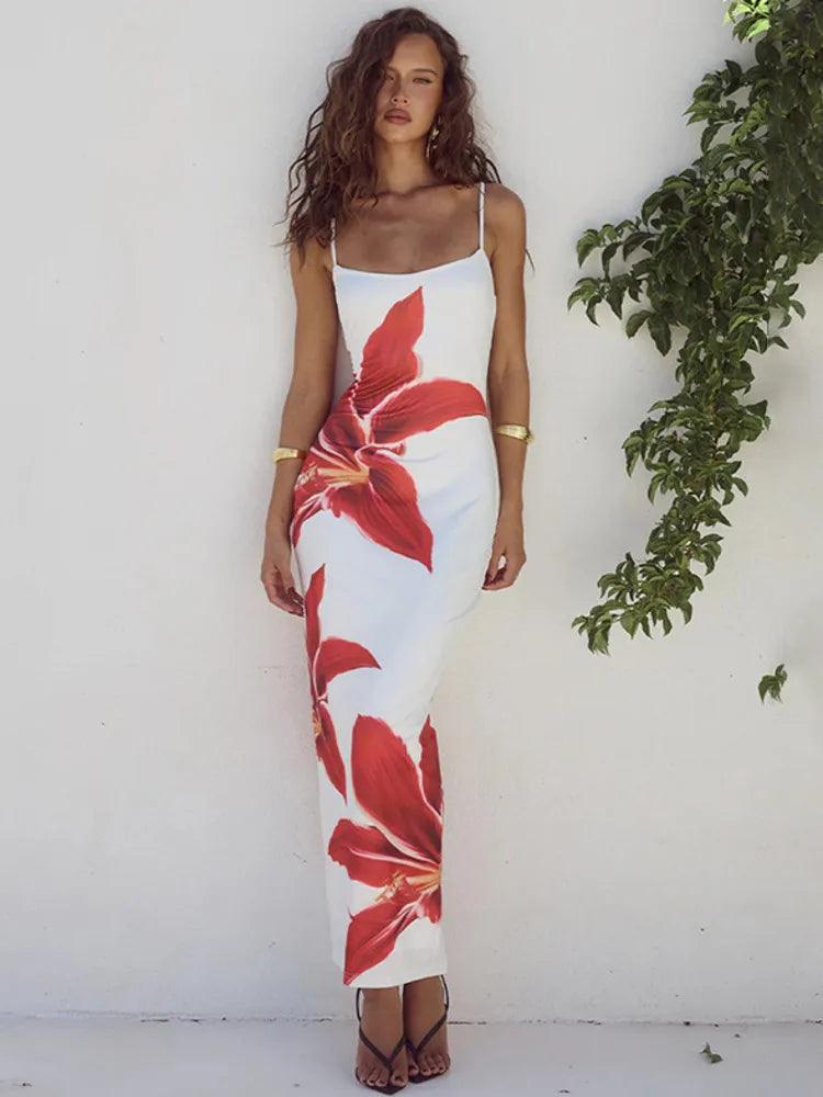 Floral Print Spaghetti Strap Long Dress for Women | Sexy Backless Midi Gown - Dhavinci