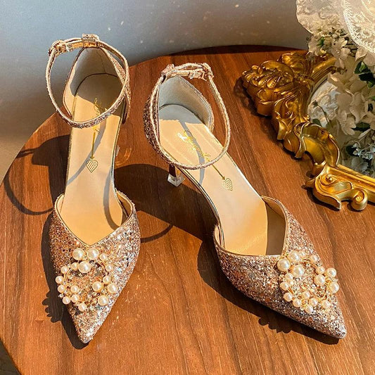 Bling Glitter Thin Heels Pumps for Women - Pearl Buckle Ankle Strap - Dhavinci