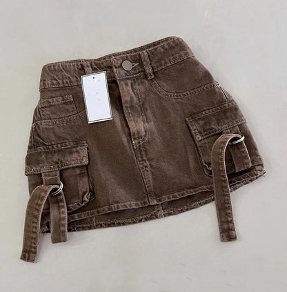 Vintage Goth Brown Mini Skirt | Y2K Fashion Denim Streetwear for Women - Dhavinci