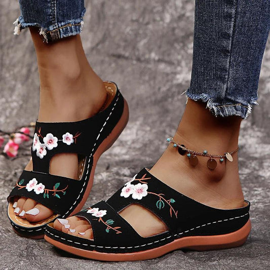 Embroidered Floral Slippers for Women - Soft Bottom Beach Slides - Dhavinci