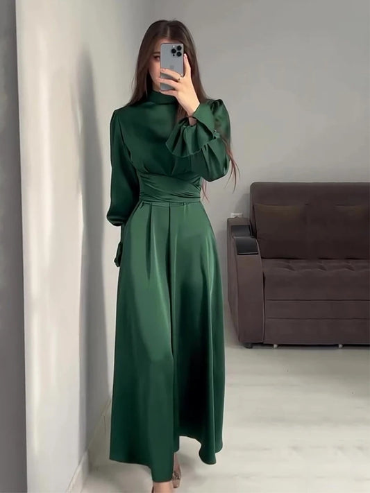 Eid Satin Muslim Dress for Women Abaya Party Dresses Ramadan Lace-up Islam Flare Sleeve Vestidos Largo Dubai Arab Long Robe 2024 - Dhavinci