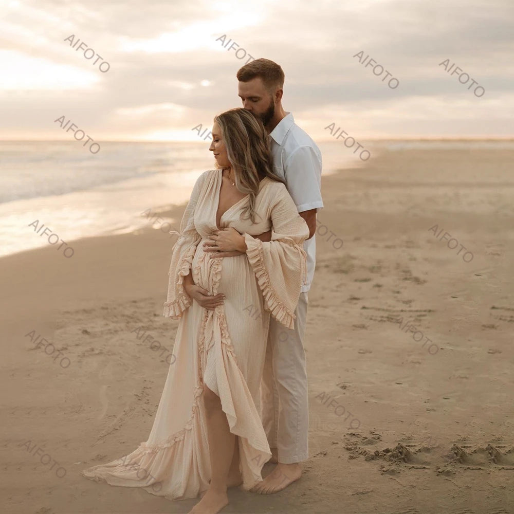 Maternity Photography Gown Linen Cotton Bohemian Ruffled Butterfly Dew Back Dress Pregnant Women Dresses For Photo Shooting - Dhavinci