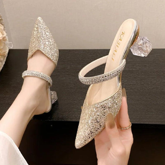 Shiny Sequin High Heels for Women | Crystal Strap Slingback Pumps - Dhavinci