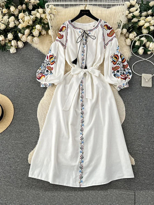 Women Spring Autumn Dress Vintage Ethnic Style Lantern Long Sleeve Embroidered Round Neck Slim A-line Cotton Linen Dress D4930 - Dhavinci