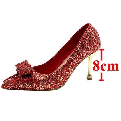 Bling Bridal Shoes for Women - Crystal Bow Thin Heels Pumps - Dhavinci