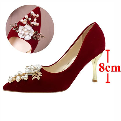 Spring Pearl Flower Wedding Shoes for Brides - Elegant Thin Heels - Dhavinci