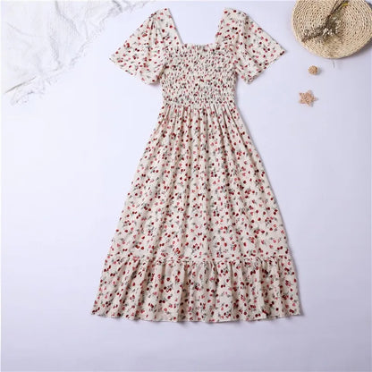 Spring Summer Chiffon Dress Women Midi DressesFemale Short Sleeve Elastic Waist Printed Floral Pleated Backless Casual Dress - Dhavinci